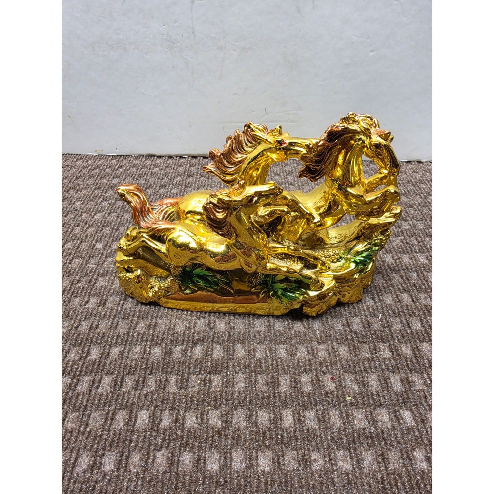 Golden Running Horses Figurine 3 Galloping Steeds Gold Tone Statue Decor 8.5in